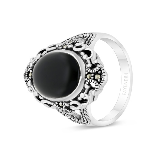 Sterling Silver 925 Ring Embedded With Natural Black Agate And Marcasite Stones