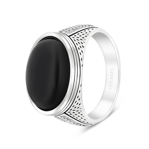 Sterling Silver 925 Ring Rhodium And Black Plated Embedded With Black Agate For Men And White CZ
