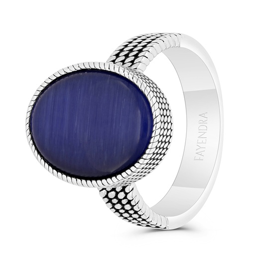 Sterling Silver 925 Ring Rhodium And Black Plated Embedded With Blue Tiger Eye For Men 