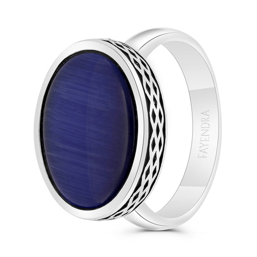 Sterling Silver 925 Ring Rhodium And Black Plated Embedded With Blue Tiger Eye For Men 