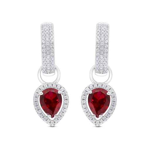 [EAR01RUB00WCZC019] Sterling Silver 925 Earring Rhodium Plated Embedded With Ruby Corundum And White CZ