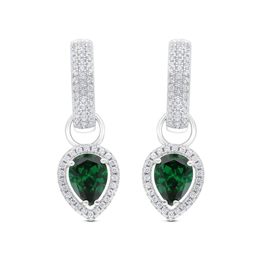 [EAR01EMR00WCZC019] Sterling Silver 925 Earring Rhodium Plated Embedded With Emerald Zircon And White CZ