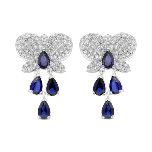[EAR01SAP00WCZC026] Sterling Silver 925 Earring Rhodium Plated Embedded With Sapphire Corundum And White CZ