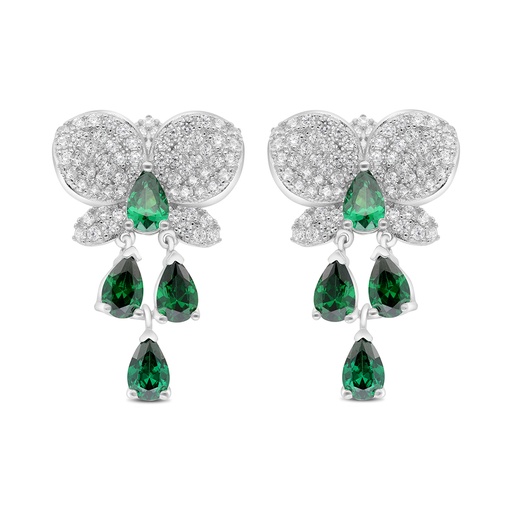 [EAR01EMR00WCZC026] Sterling Silver 925 Earring Rhodium Plated Embedded With Emerald Zircon And White CZ