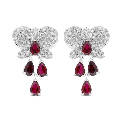 [EAR01RUB00WCZC026] Sterling Silver 925 Earring Rhodium Plated Embedded With Ruby Corundum And White CZ