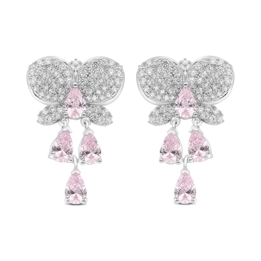 [EAR01PIK00WCZC026] Sterling Silver 925 Earring Rhodium Plated Embedded With Pink Zircon And White CZ