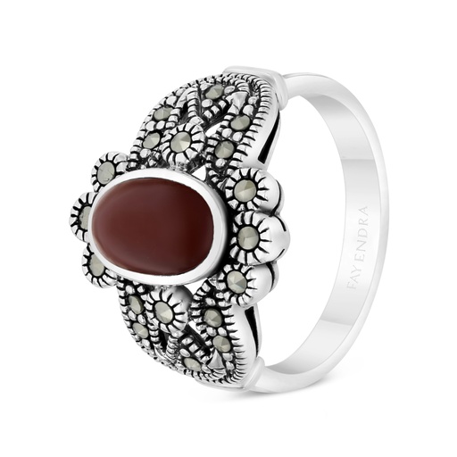 Sterling Silver 925 Ring Embedded With Natural Aqiq And Marcasite Stones