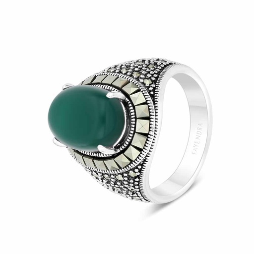 Sterling Silver 925 Ring Embedded With Natural Green Agate And Marcasite Stones For Men