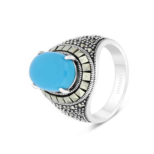 Sterling Silver 925 Ring Embedded With Natural Processed Turquoise And Marcasite Stones For Men
