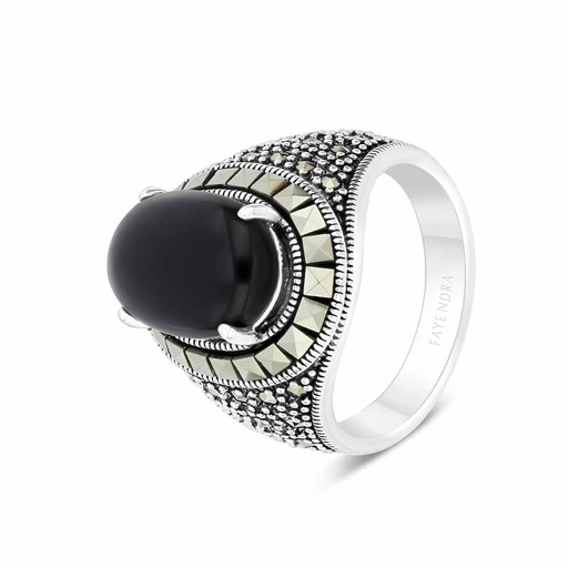 Sterling Silver 925 Ring Embedded With Natural Black Agate And Marcasite Stones For Men