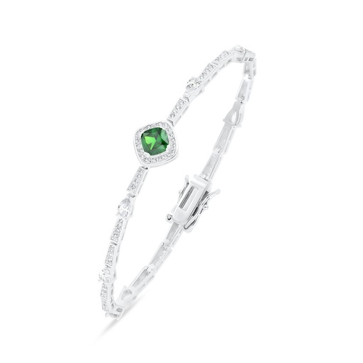 [BRC01EMR00WCZB016] Sterling Silver 925 Bracelet Rhodium Plated Embedded With Emerald Zircon And White CZ