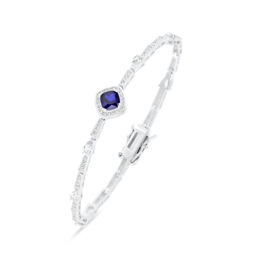 [BRC01SAP00WCZB016] Sterling Silver 925 Bracelet Rhodium Plated Embedded With Sapphire Corundum And White CZ