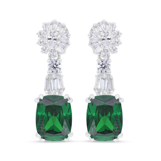 [EAR01EMR00WCZC038] Sterling Silver 925 Earring Rhodium Plated Embedded With Emerald Zircon And White CZ