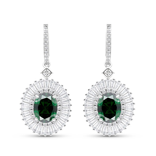 [EAR01EMR00WCZC051] Sterling Silver 925 Earring Rhodium Plated Embedded With Emerald Zircon And White CZ