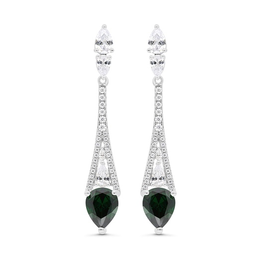 [EAR01EMR00WCZC064] Sterling Silver 925 Earring Rhodium Plated Embedded With Emerald Zircon And White CZ