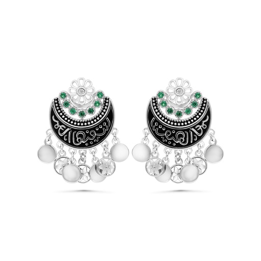 [EAR01EMR00WCZC070] Sterling Silver 925 Earring Rhodium Plated Embedded With Emerald Zircon And White CZ
