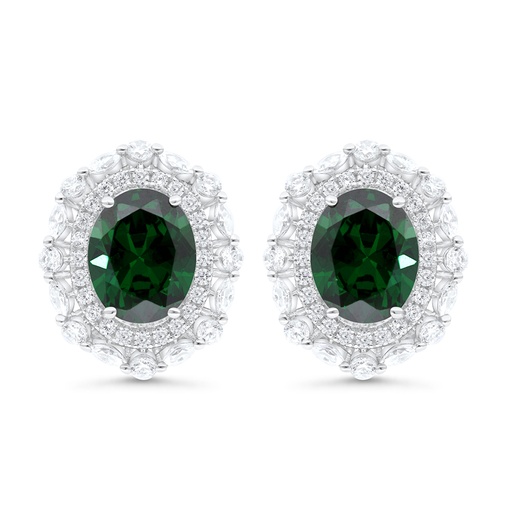 [EAR01EMR00WCZC076] Sterling Silver 925 Earring Rhodium Plated Embedded With Emerald Zircon And White CZ