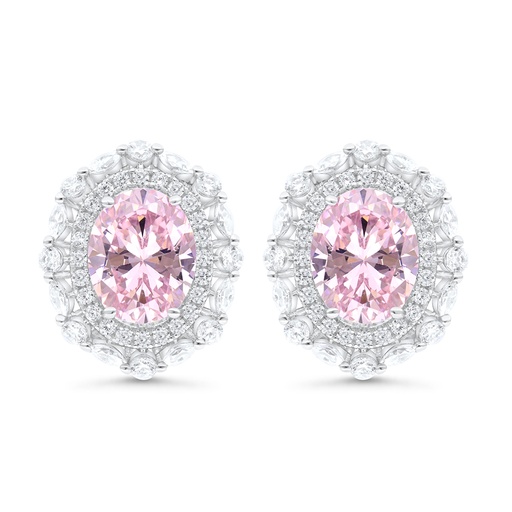[EAR01PIK00WCZC076] Sterling Silver 925 Earring Rhodium Plated Embedded With Pink Zircon And White CZ