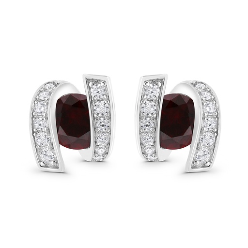 [EAR01RUB00WCZC039] Sterling Silver 925 Earring Rhodium Plated Embedded With Ruby Corundum And White CZ