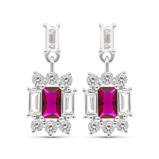 [EAR01RUB00WCZC044] Sterling Silver 925 Earring Rhodium Plated Embedded With Ruby Corundum And White CZ