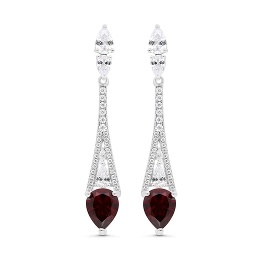 [EAR01RUB00WCZC064] Sterling Silver 925 Earring Rhodium Plated Embedded With Ruby Corundum And White CZ