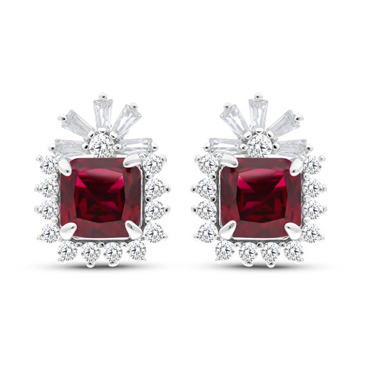 [EAR01RUB00WCZC065] Sterling Silver 925 Earring Rhodium Plated Embedded With Ruby Corundum And White CZ