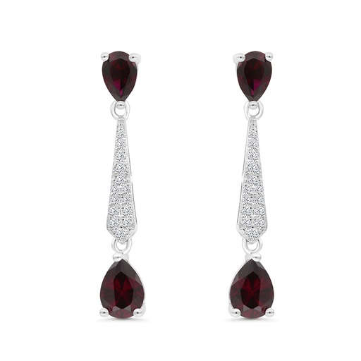 [EAR01RUB00WCZC074] Sterling Silver 925 Earring Rhodium Plated Embedded With Ruby Corundum And White CZ