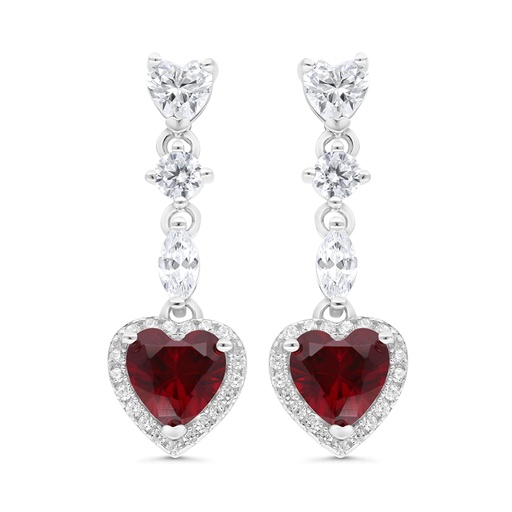 [EAR01RUB00WCZC075] Sterling Silver 925 Earring Rhodium Plated Embedded With Ruby Corundum And White CZ