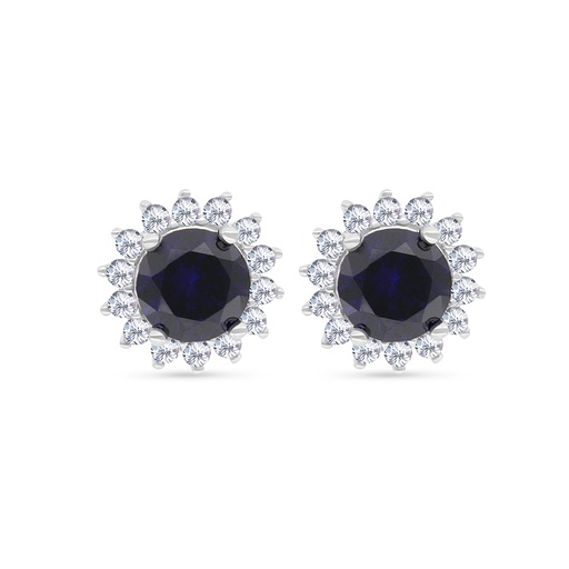[EAR01SAP00WCZC037] Sterling Silver 925 Earring Rhodium Plated Embedded With Sapphire Corundum And White CZ