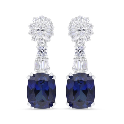 [EAR01SAP00WCZC038] Sterling Silver 925 Earring Rhodium Plated Embedded With Sapphire Corundum And White CZ