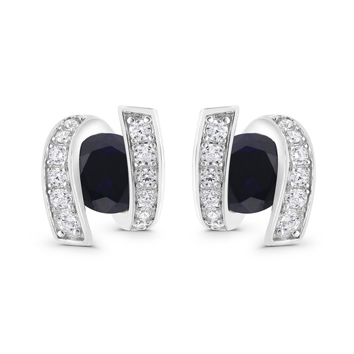 [EAR01SAP00WCZC039] Sterling Silver 925 Earring Rhodium Plated Embedded With Sapphire Corundum And White CZ