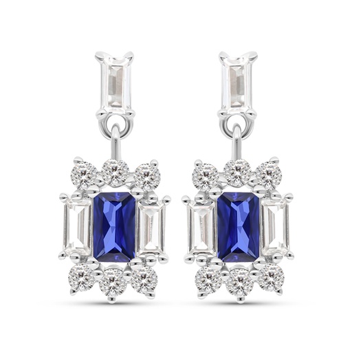 [EAR01SAP00WCZC044] Sterling Silver 925 Earring Rhodium Plated Embedded With Sapphire Corundum And White CZ
