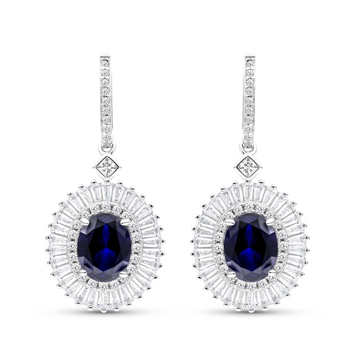 [EAR01SAP00WCZC051] Sterling Silver 925 Earring Rhodium Plated Embedded With Sapphire Corundum And White CZ