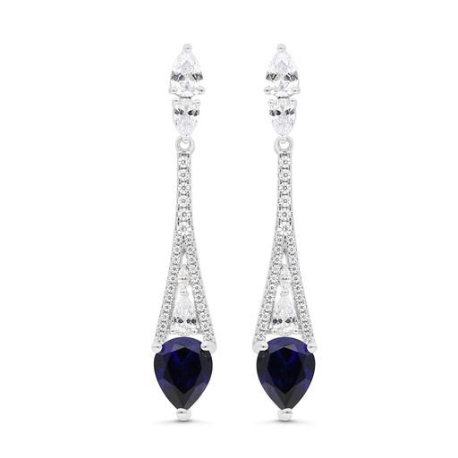[EAR01SAP00WCZC064] Sterling Silver 925 Earring Rhodium Plated Embedded With Sapphire Corundum And White CZ