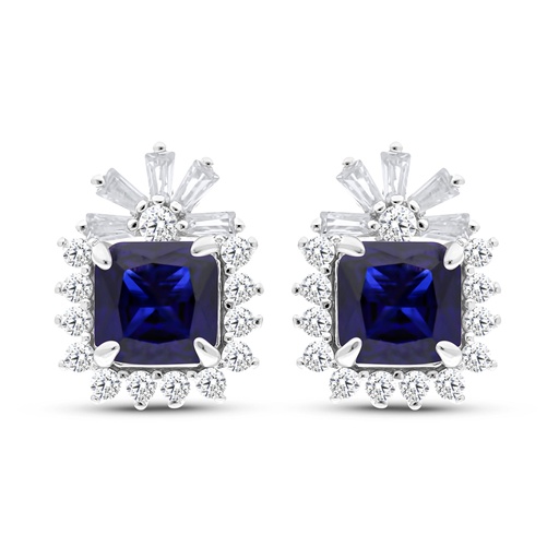 [EAR01SAP00WCZC065] Sterling Silver 925 Earring Rhodium Plated Embedded With Sapphire Corundum And White CZ