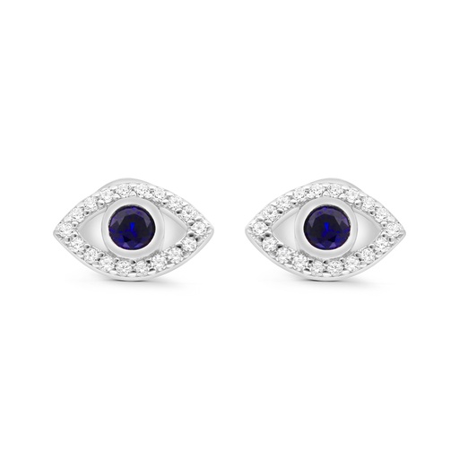 [EAR01SAP00WCZC073] Sterling Silver 925 Earring Rhodium Plated Embedded With Sapphire Corundum And White CZ