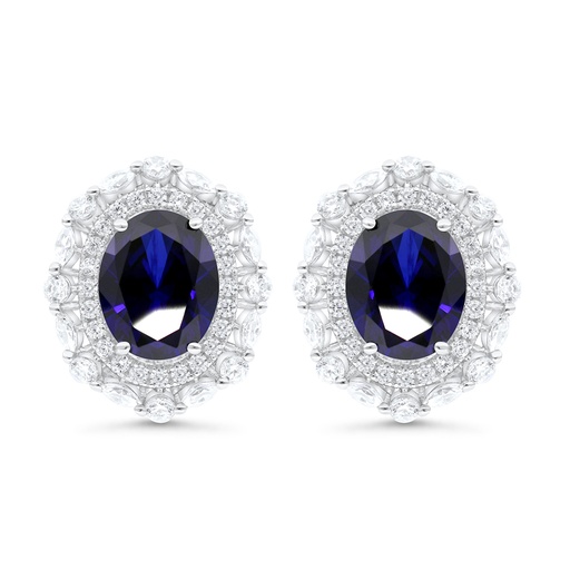 [EAR01SAP00WCZC076] Sterling Silver 925 Earring Rhodium Plated Embedded With Sapphire Corundum And White CZ