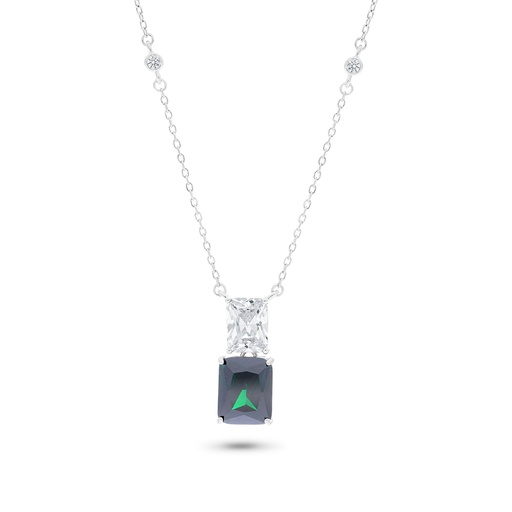 [NCL01EMR00WCZB135] Sterling Silver 925 Necklace Rhodium Plated Embedded With Emerald Zircon And White CZ