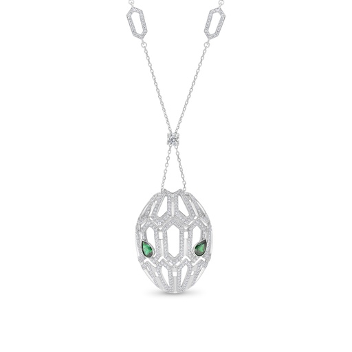 [NCL01EMR00WCZB179] Sterling Silver 925 Necklace Rhodium Plated Embedded With Emerald Zircon And White CZ
