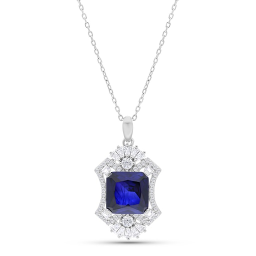 [NCL01SAP00WCZB160] Sterling Silver 925 Necklace Rhodium Plated Embedded With Sapphire Corundum And White CZ