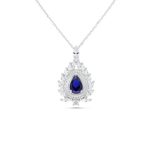 [NCL01SAP00WCZB186] Sterling Silver 925 Necklace Rhodium Plated Embedded With Sapphire Corundum And White CZ