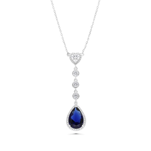 [NCL01SAP00WCZB189] Sterling Silver 925 Necklace Rhodium Plated Embedded With Sapphire Corundum And White CZ