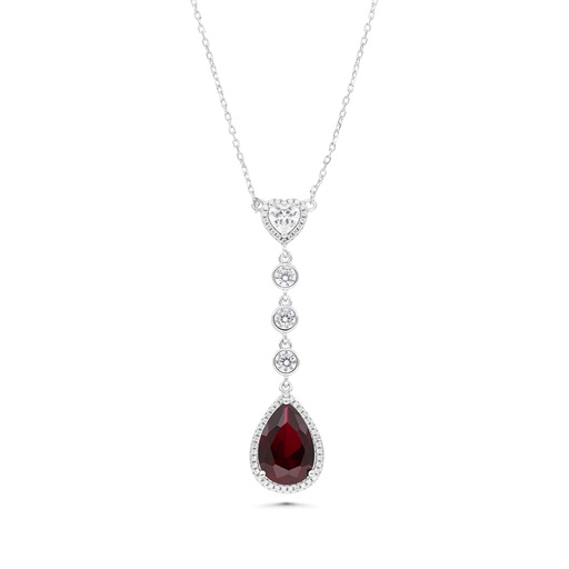 [NCL01RUB00WCZB189] Sterling Silver 925 Necklace Rhodium Plated Embedded With Ruby Corundum And White CZ