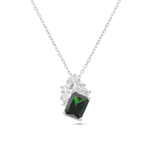 [NCL01EMR00WCZB194] Sterling Silver 925 Necklace Rhodium Plated Embedded With Emerald Zircon And White CZ