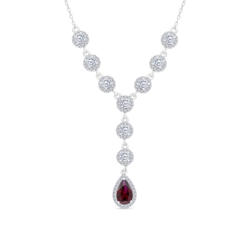 [NCL01RUB00WCZB206] Sterling Silver 925 Necklace Rhodium Plated Embedded With Ruby Corundum And White CZ