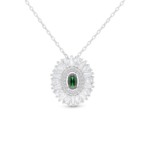 [NCL01EMR00WCZB208] Sterling Silver 925 Necklace Rhodium Plated Embedded With Emerald Zircon And White CZ