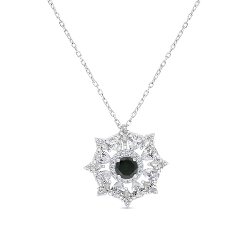 [NCL01EMR00WCZB210] Sterling Silver 925 Necklace Rhodium Plated Embedded With Emerald Zircon And White CZ