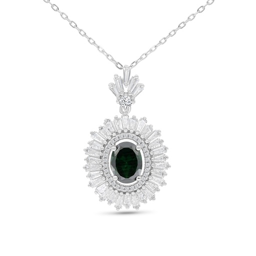 [NCL01EMR00WCZB211] Sterling Silver 925 Necklace Rhodium Plated Embedded With Emerald Zircon And White CZ