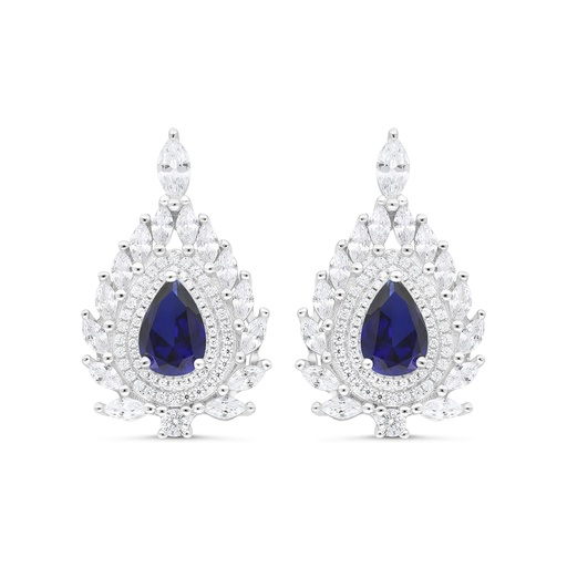 [EAR01SAP00WCZC085] Sterling Silver 925 Earring Rhodium Plated Embedded With Sapphire Corundum And White CZ