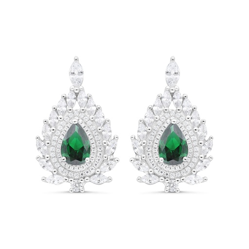 [EAR01EMR00WCZC085] Sterling Silver 925 Earring Rhodium Plated Embedded With Emerald Zircon And White CZ